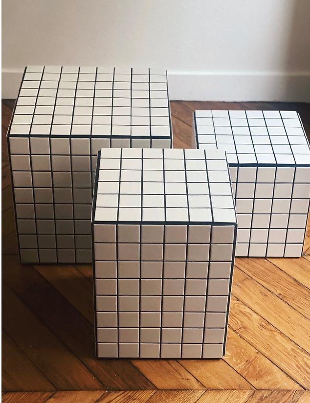 Side table cube piece of sofa tile mosaic white joint black ora 30x30xh40cm