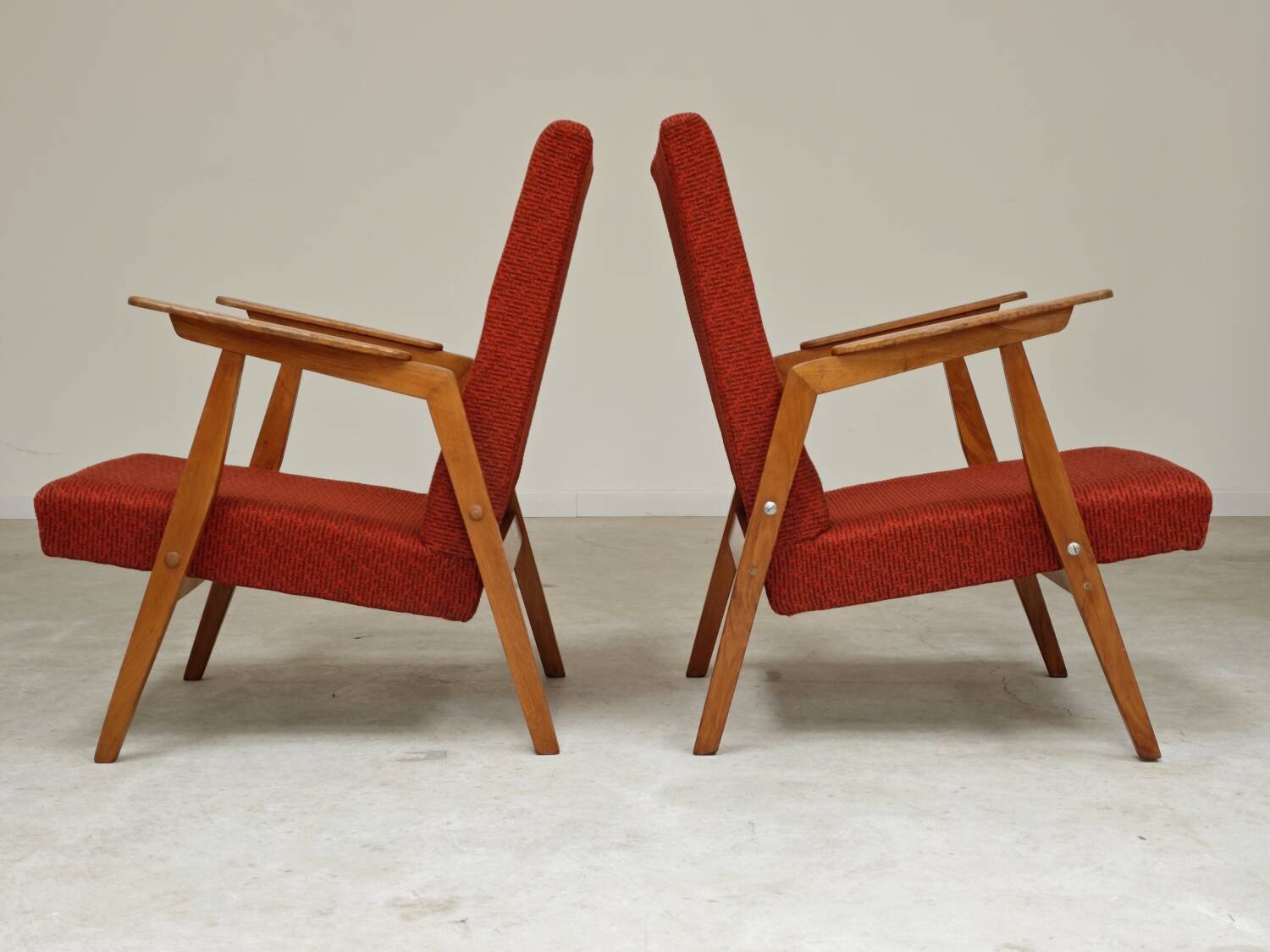 Pair of Uluv red Eastern Bloc armchairs, 1960s