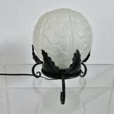 Art Deco lamp in frosted glass and wrought iron In the style of Edgard Brandt, 1930s-40s