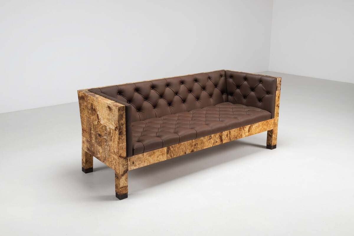 Werner Neumann sculptural birchwood sofa in birch bark and leather, The Netherlands