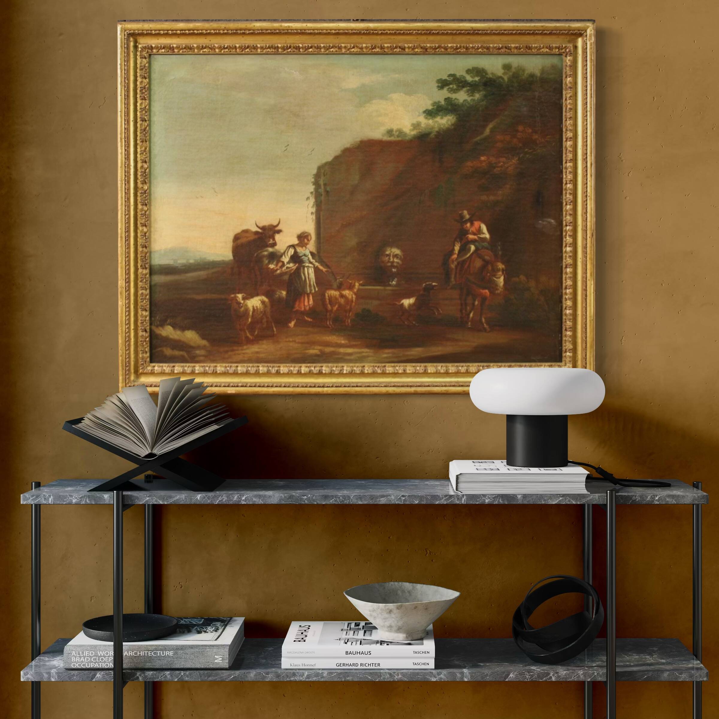 17th century bucolic landscape painting with figures, pastoral scene