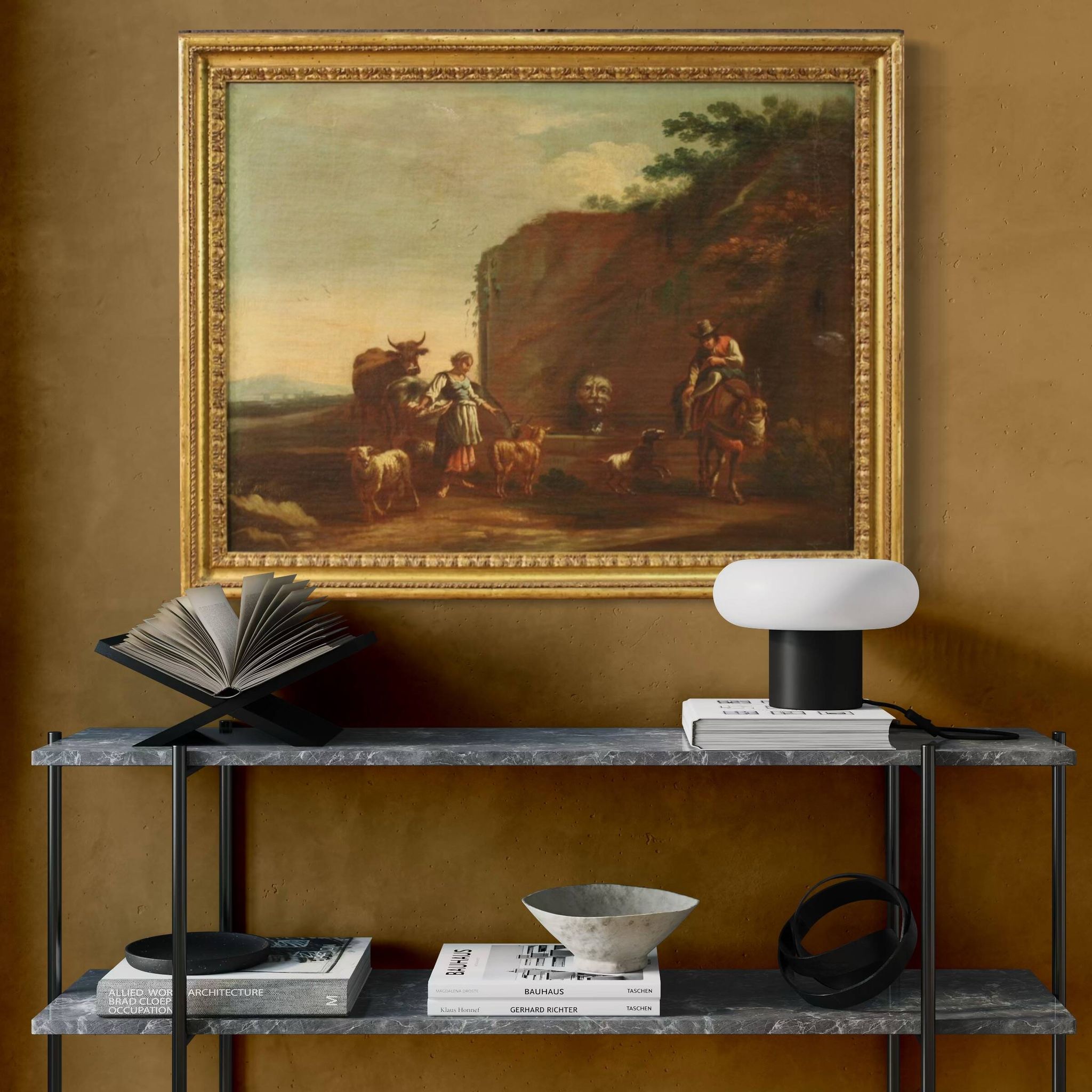 17th century bucolic landscape painting with figures, pastoral scene