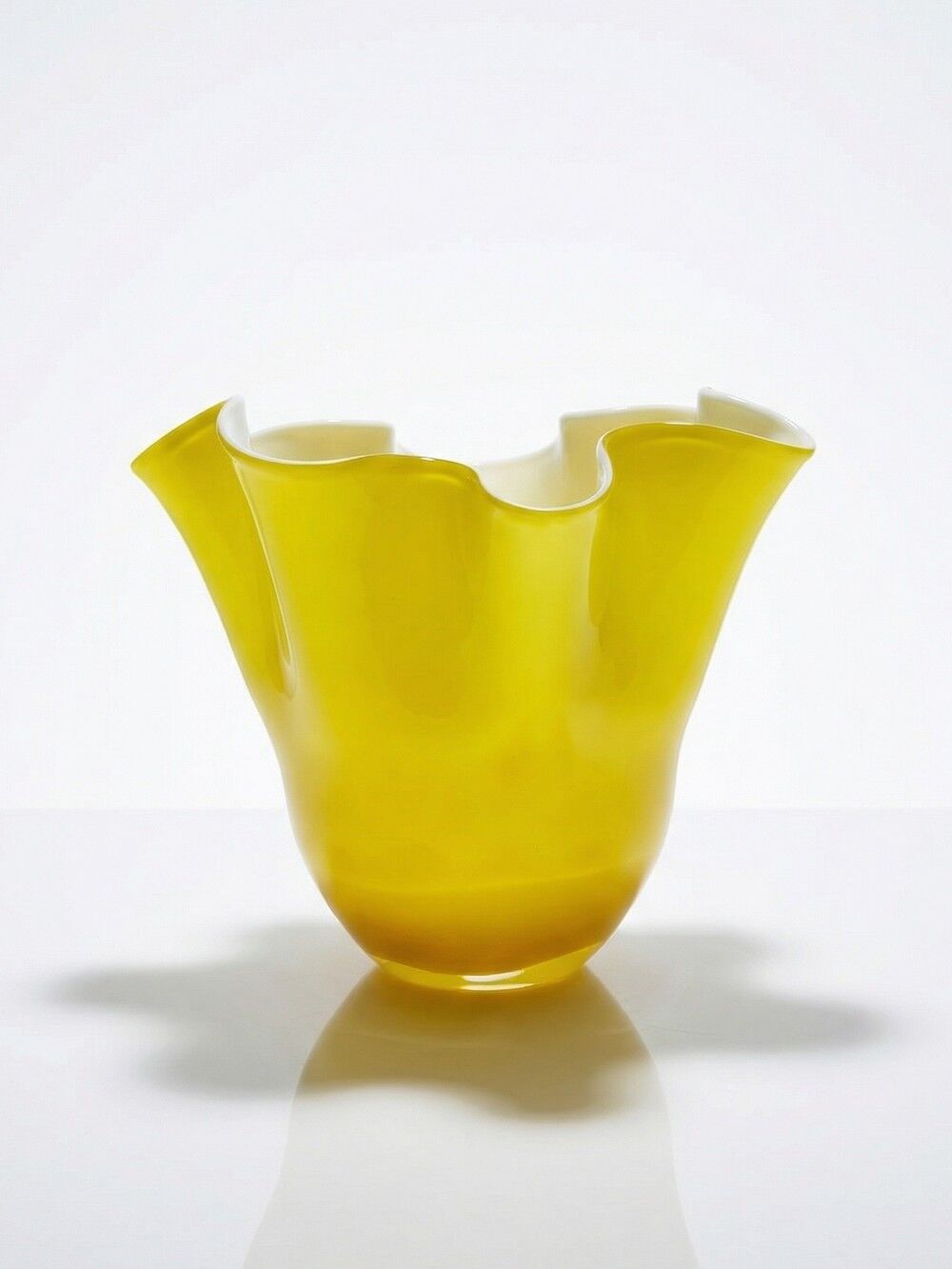 Fazzoletto vase in blown Italian glass, yellow opaline lined, Murano 1960-70.