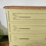Commode vintage 3 tiroirs relooké beige vert et bois