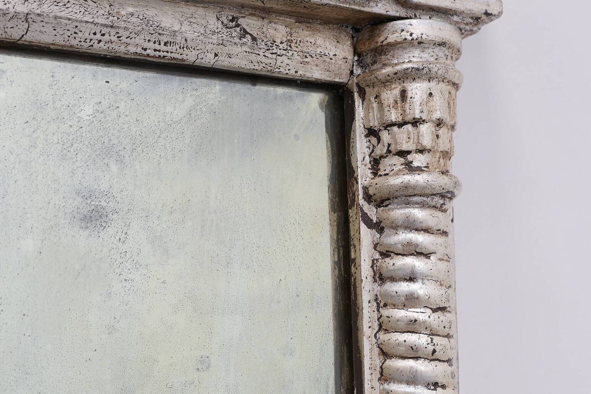 Neoclassical Silver Leaf Pier Mirror with Ringed Columns and Cornice, Italy