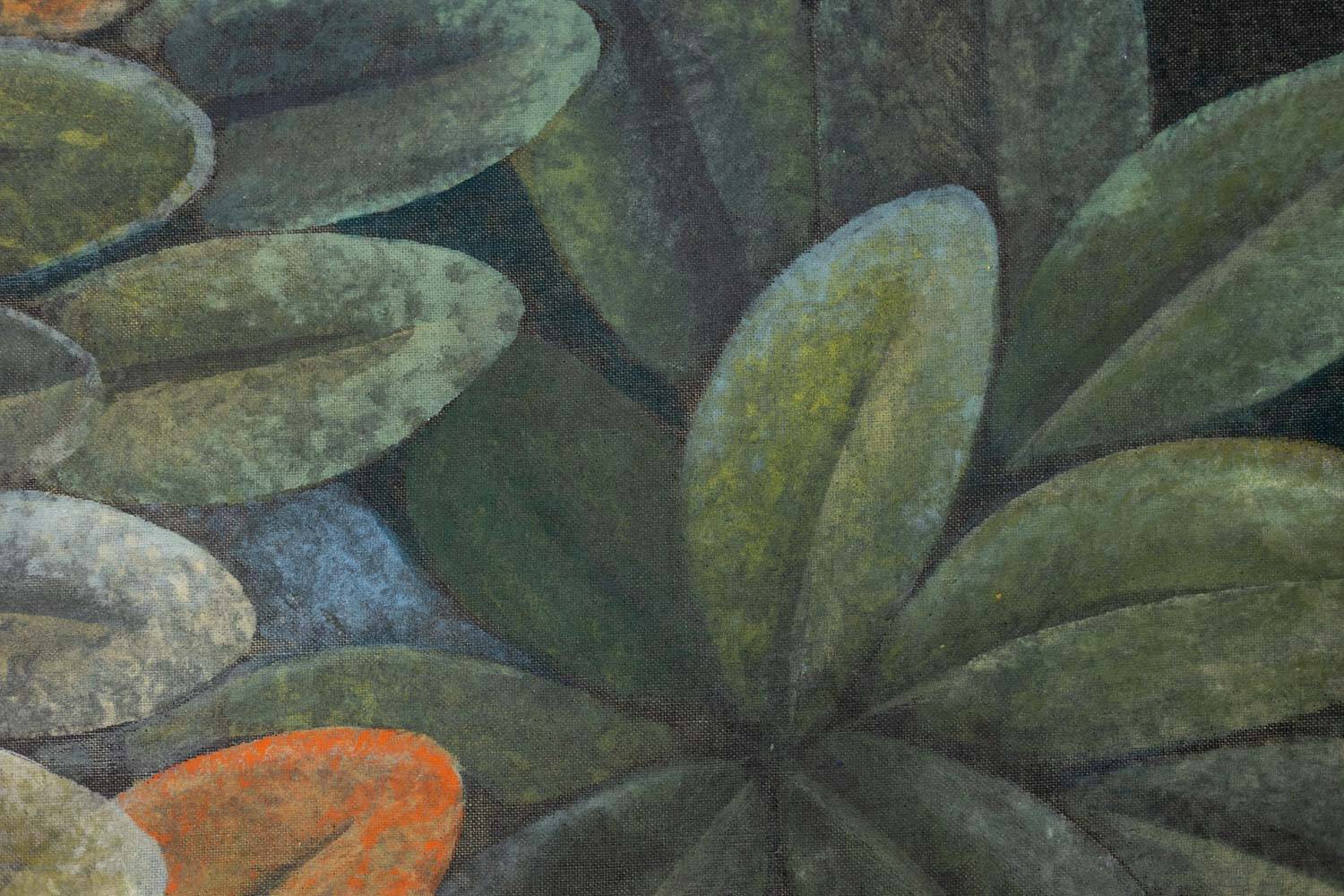 Painted canvas depicting a bird in a floral setting. Contemporary.