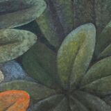 Painted canvas depicting a bird in a floral setting. Contemporary.