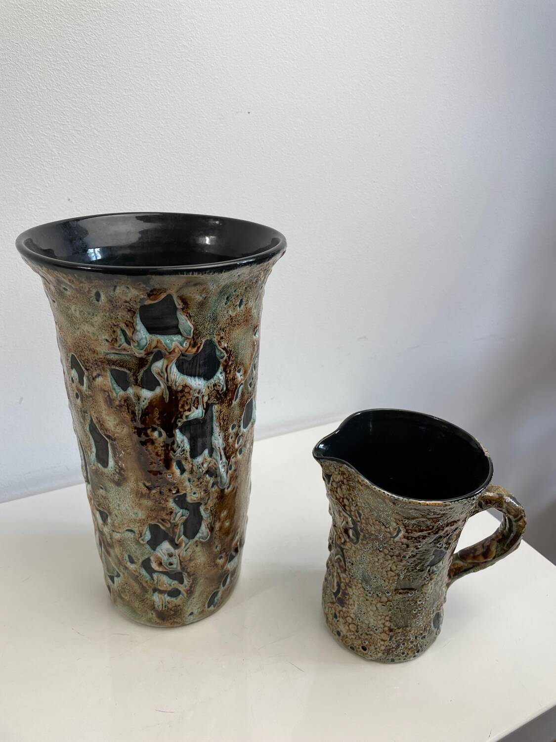 Fat lava ceramic vase and pitcher
