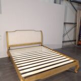Shabby chic double bed in oak and linen 160 x 200