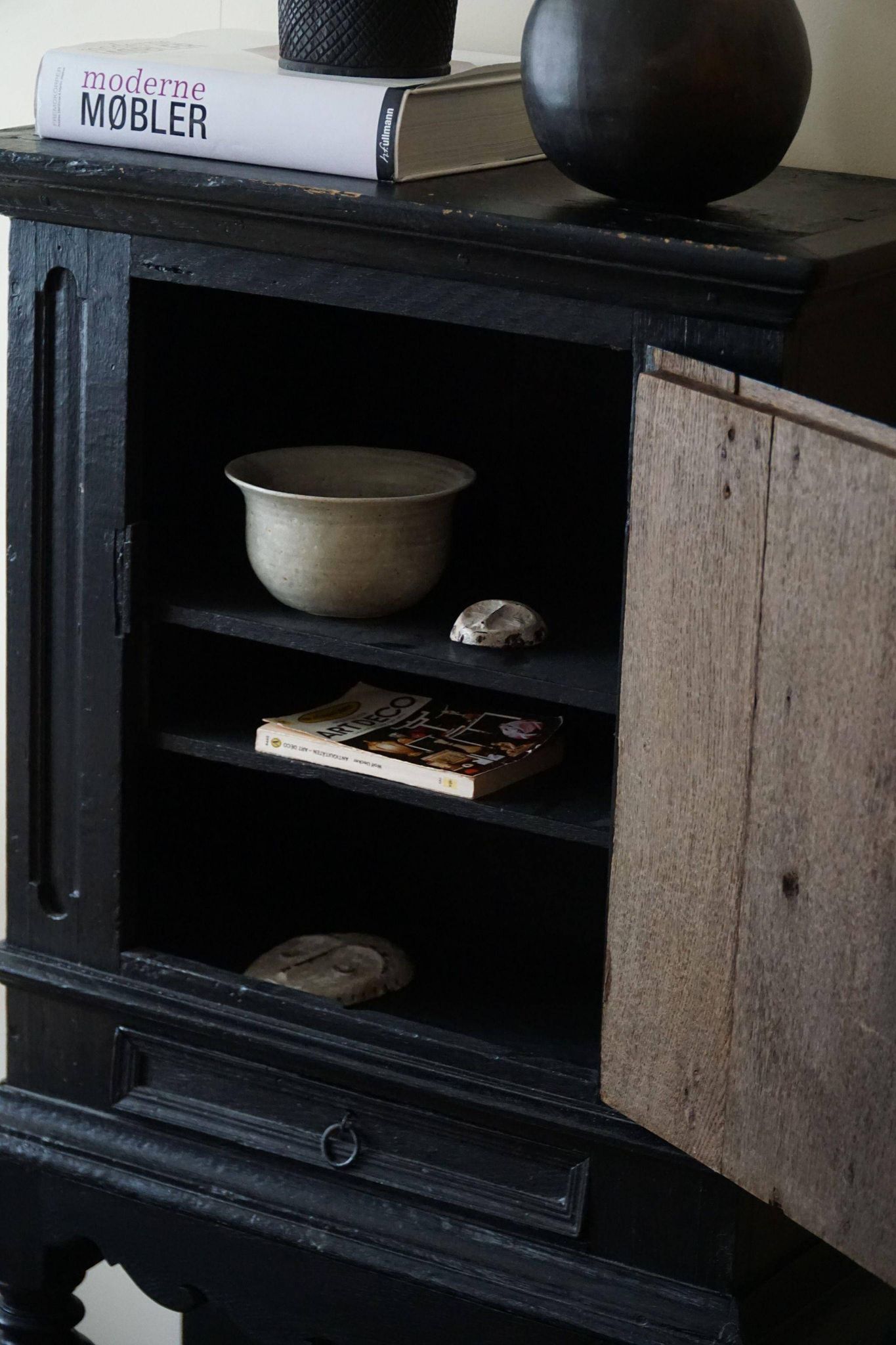 Antique black painted wardrobe from the 18th century by a Danish cabinetmaker, baroque.