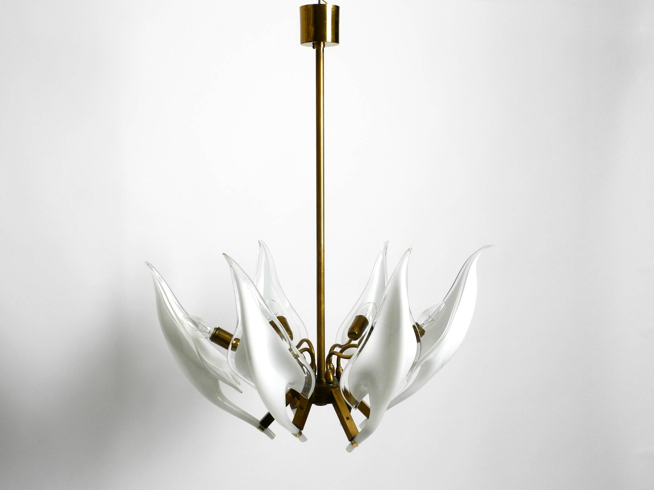 50s brass chandelier with white and transparent Murano glasses Franco Luce