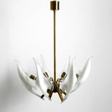 50s brass chandelier with white and transparent Murano glasses Franco Luce