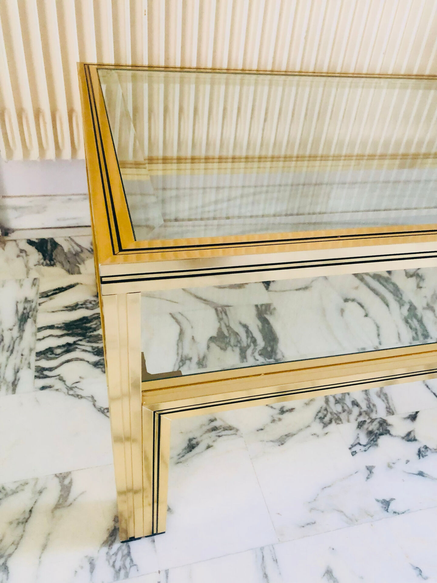 Coffee table with 2 brass and glass tops signed Pierre Vandel Paris, circa 70s.
