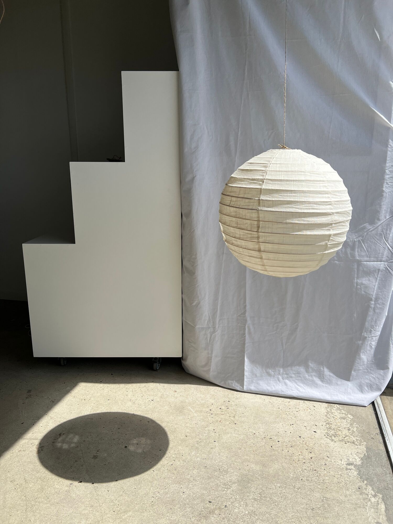 Hanging lamp in rattan and round japanese natural linen d:50