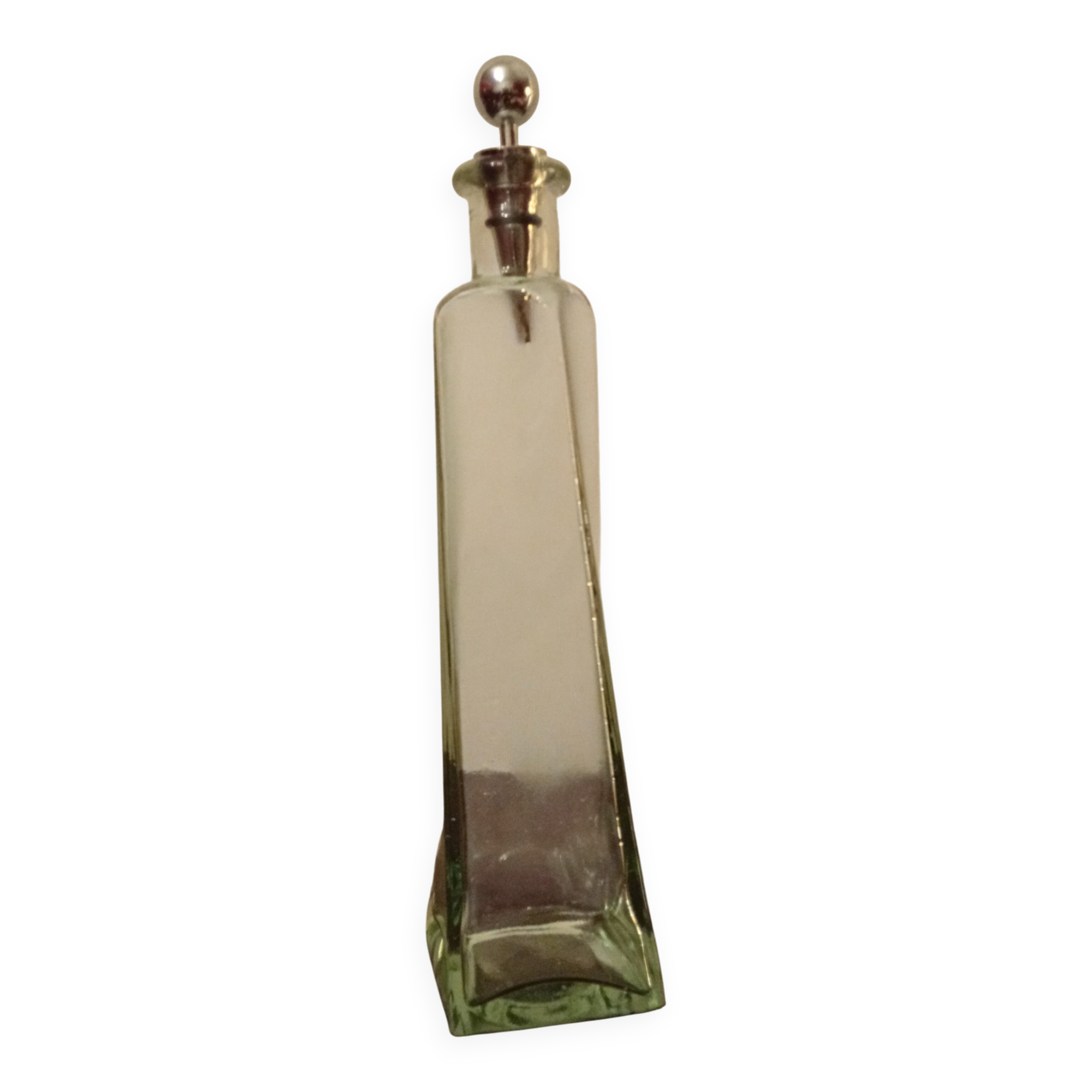Green blown glass carafe/vase with chrome metal lid, vintage.