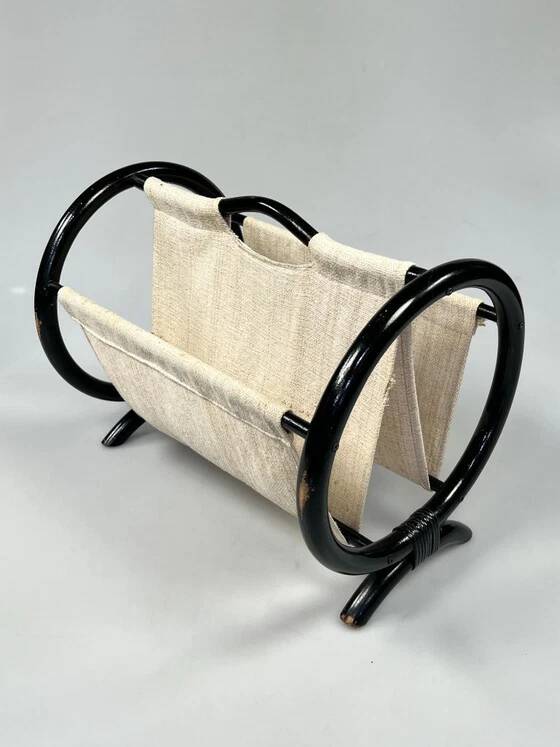 Vintage Round Magazine Rack / Reading Basket, Black Rattan, 1970's