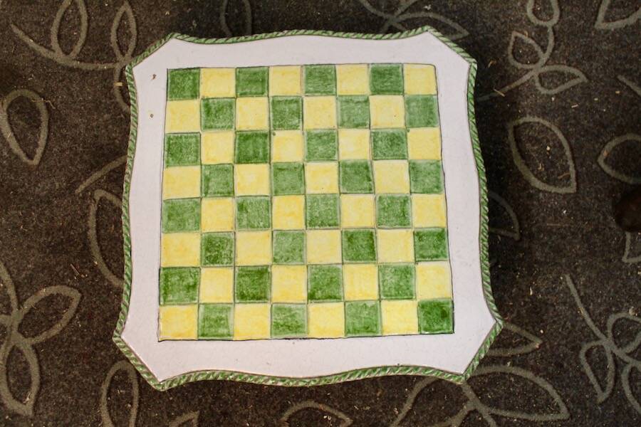 "Elephants" design chess table, enamelled, hand-painted.