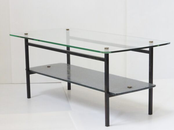 Table basse 1950 en métal et double plateau en verre vintage 50's rockabilly coffee table