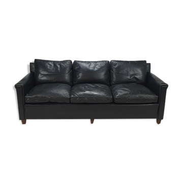 Mid century black leather scandinavian 3 seats sofa, 1950