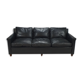 Mid century black leather scandinavian 3 seats sofa, 1950