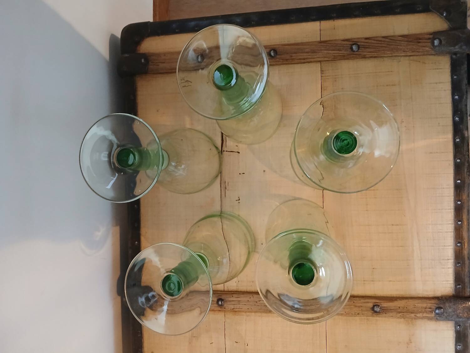 5 large green stemmed glasses
