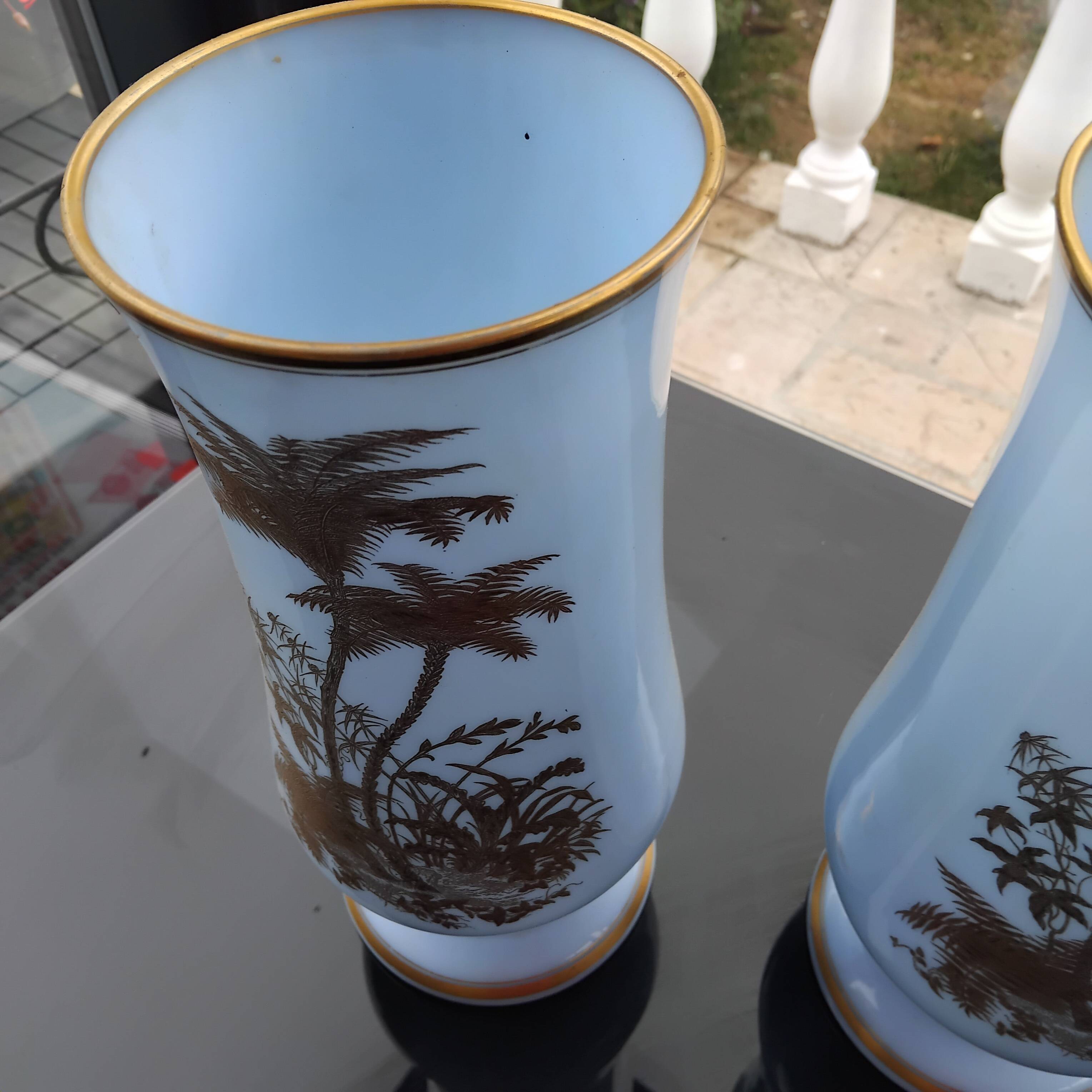 Pair of 19th century opaline crystal and gold vases