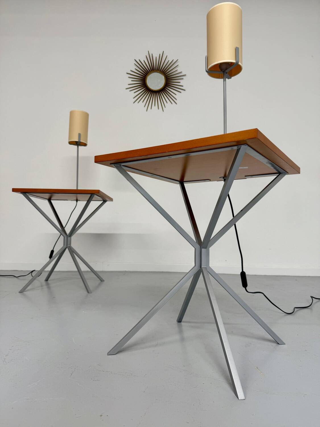 Side table / bedside table with designer lighting, Ligne Roset metal and wood