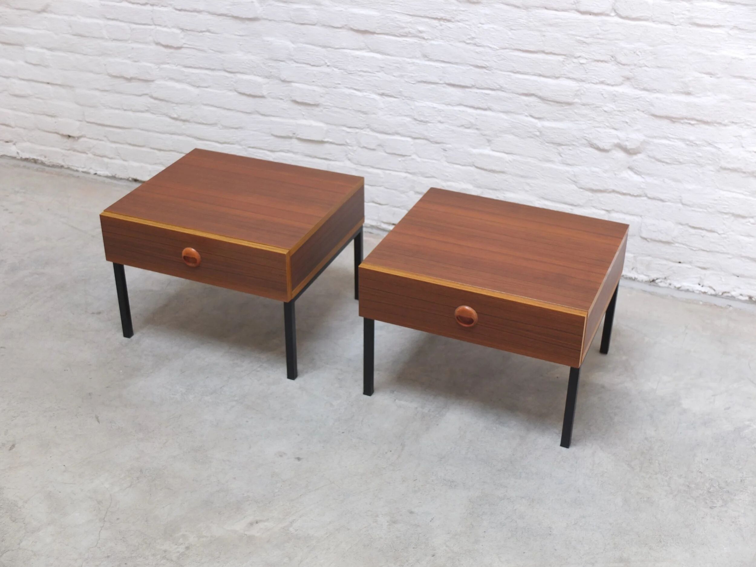 Modernist pair of bedside tables with drawers, 1960s