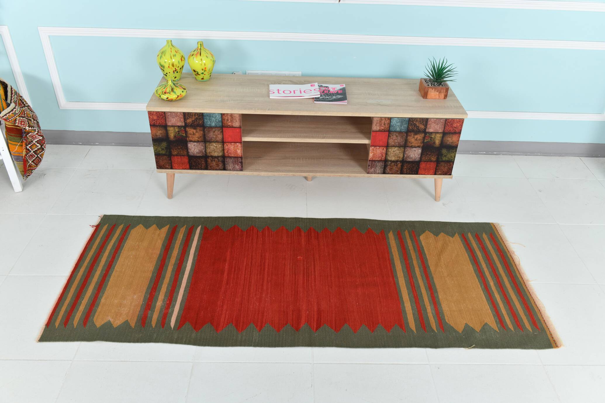 2x6 Red & Green Short Kilim Runner Rug, 73x188Cm