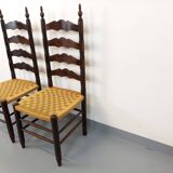 Pair of vintage Arts & Crafts chairs in the style of Antonio Calligaris in oak wood and rope from the 1970s.