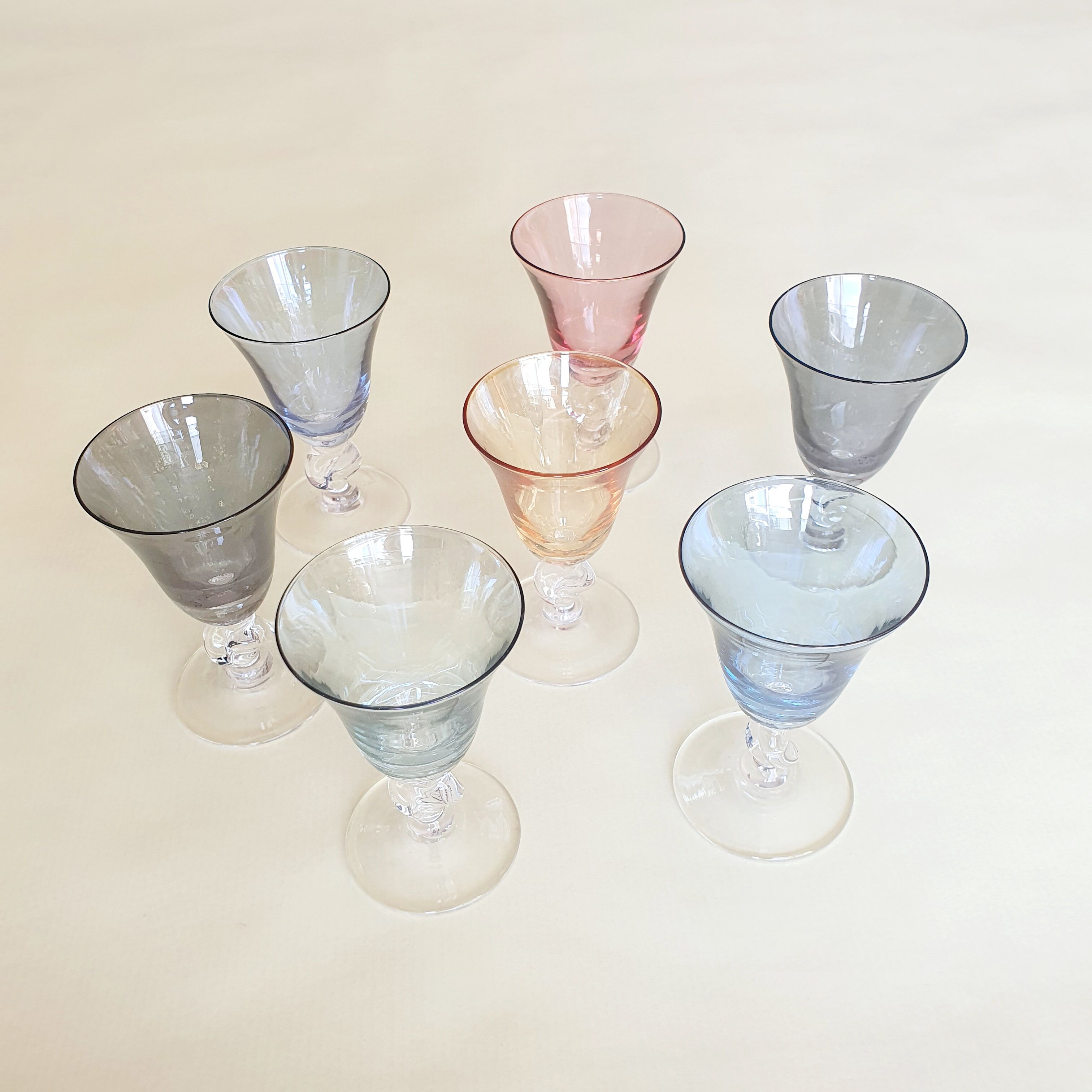 set of 7 multicolored Harlequin liqueur glasses