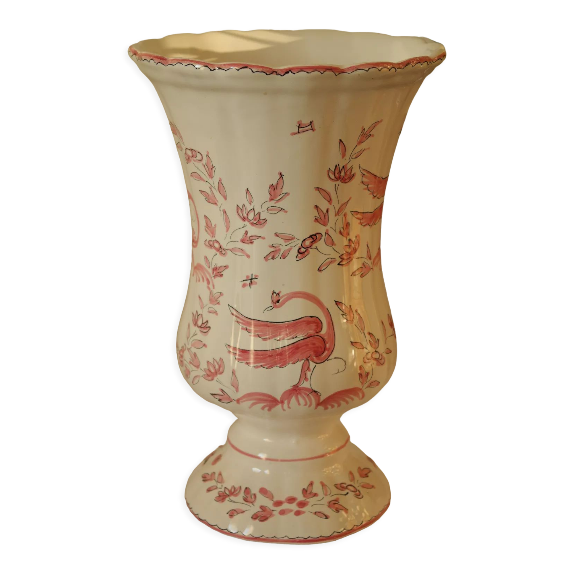 Vase Moustiers faience decoration hand birds signed