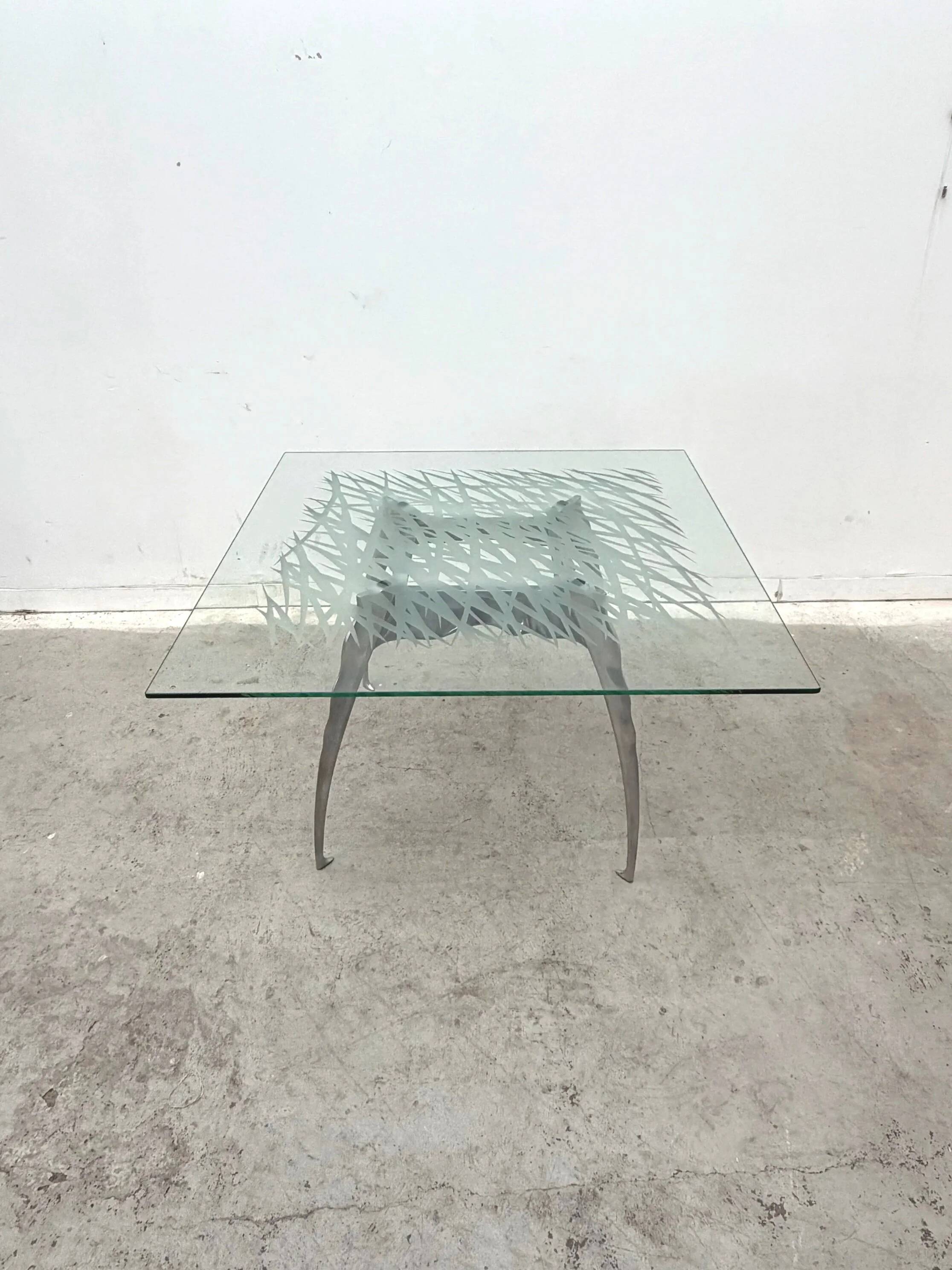 Dining table by Bernard Dequet for Protis France Design in cast aluminum and leather, France 1980