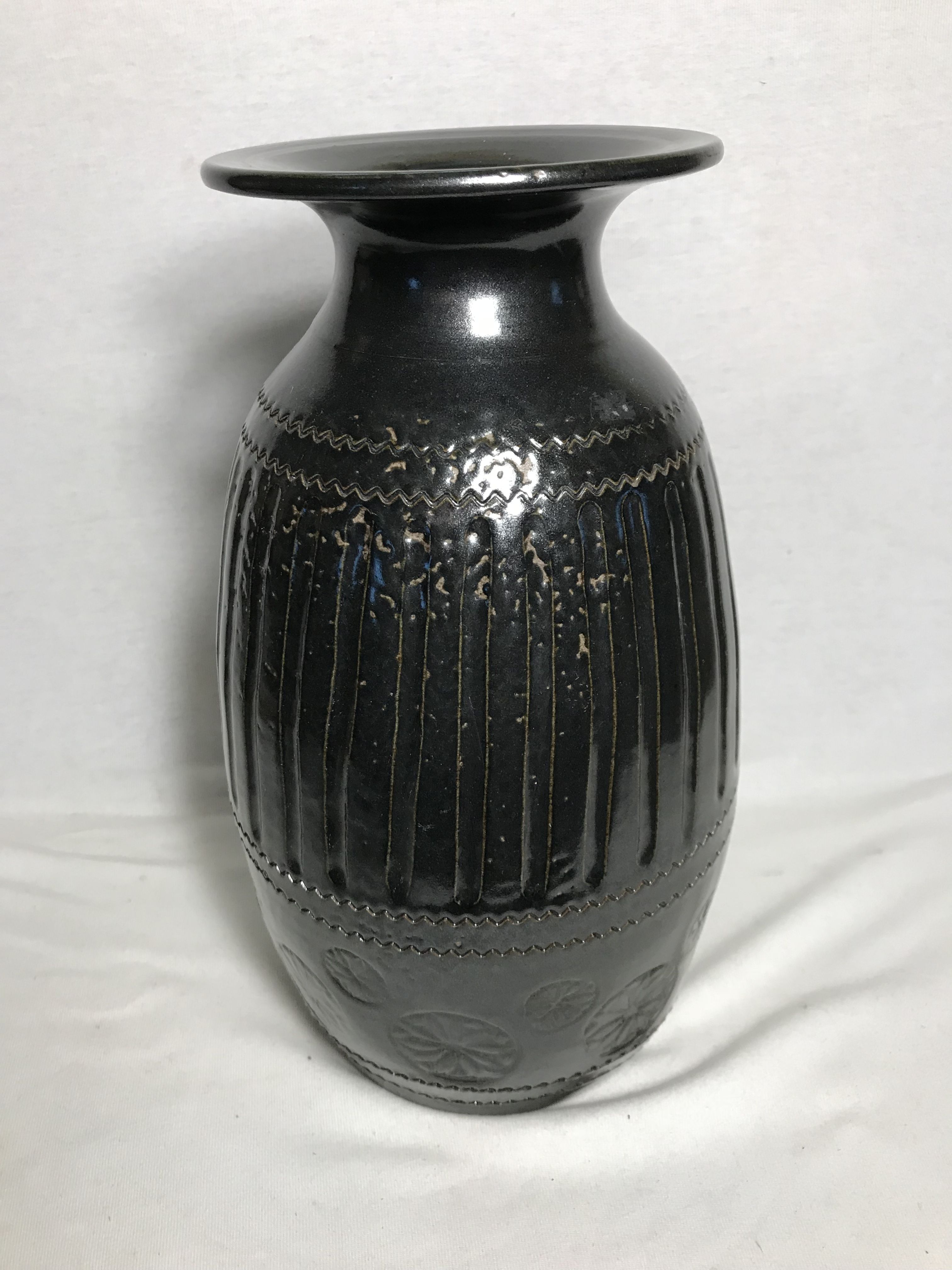 Former Hohwiller carved black stamped & signed 1989 vintage ceramic vase