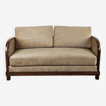 Art Deco sofa bed in walnut and fabric