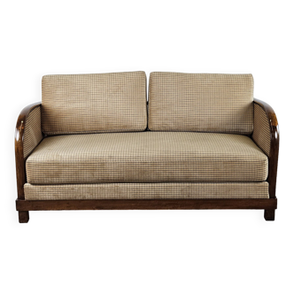 Art Deco sofa bed in walnut and fabric