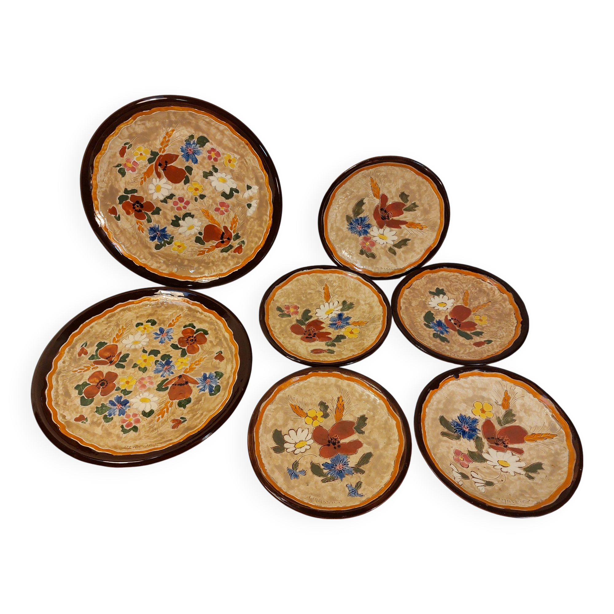 Set of 5 dessert plates and 2 vallauris plates, signed jérôme massier - circa 50/60