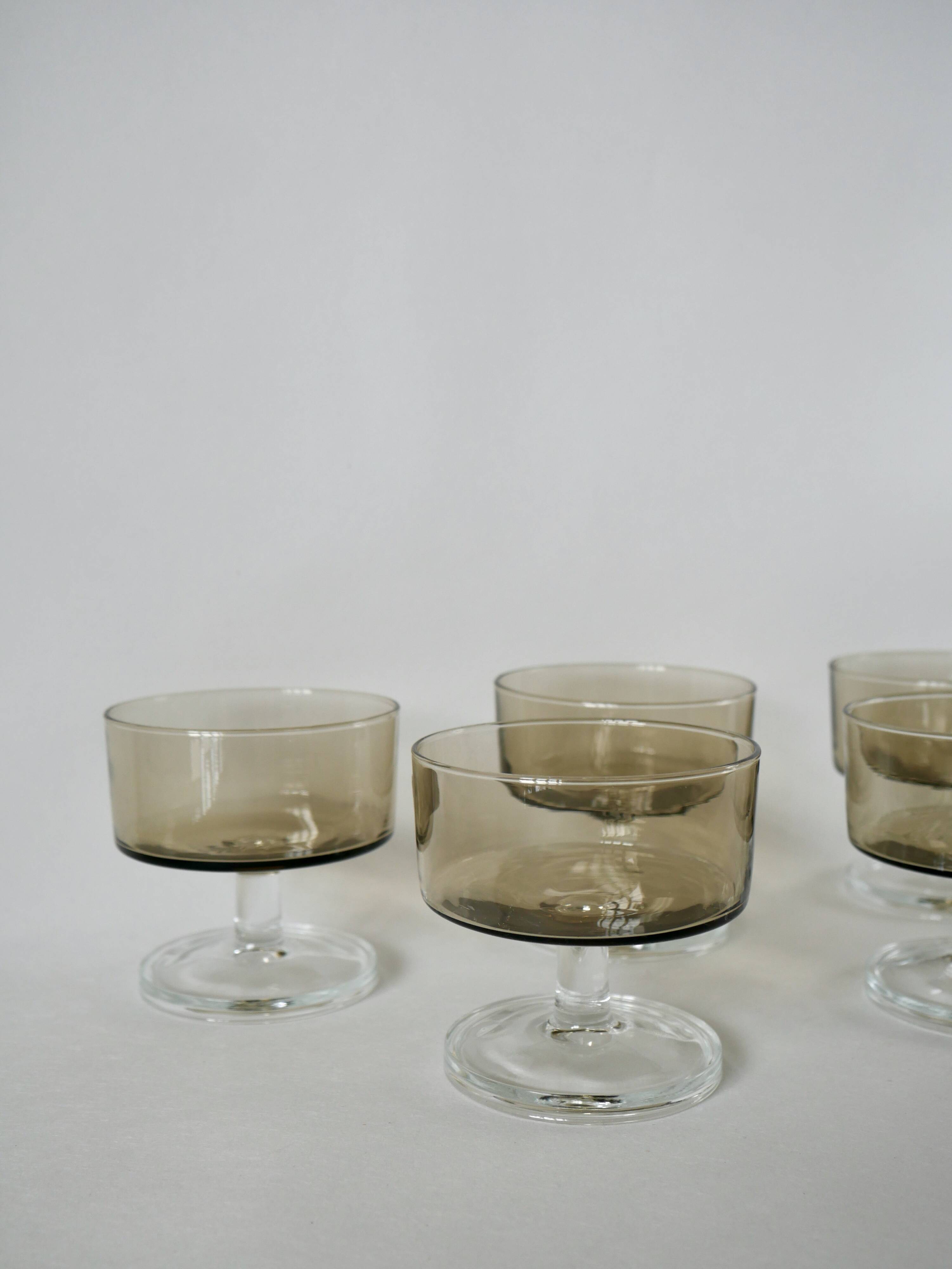 Set of 5 70s Luminarc smoked glass champagne glasses