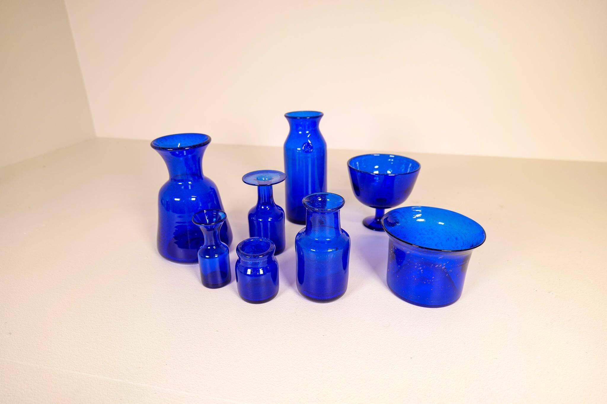 Midcentury collection of eight blue vases by Erik Höglund, Sweden, 1960s.