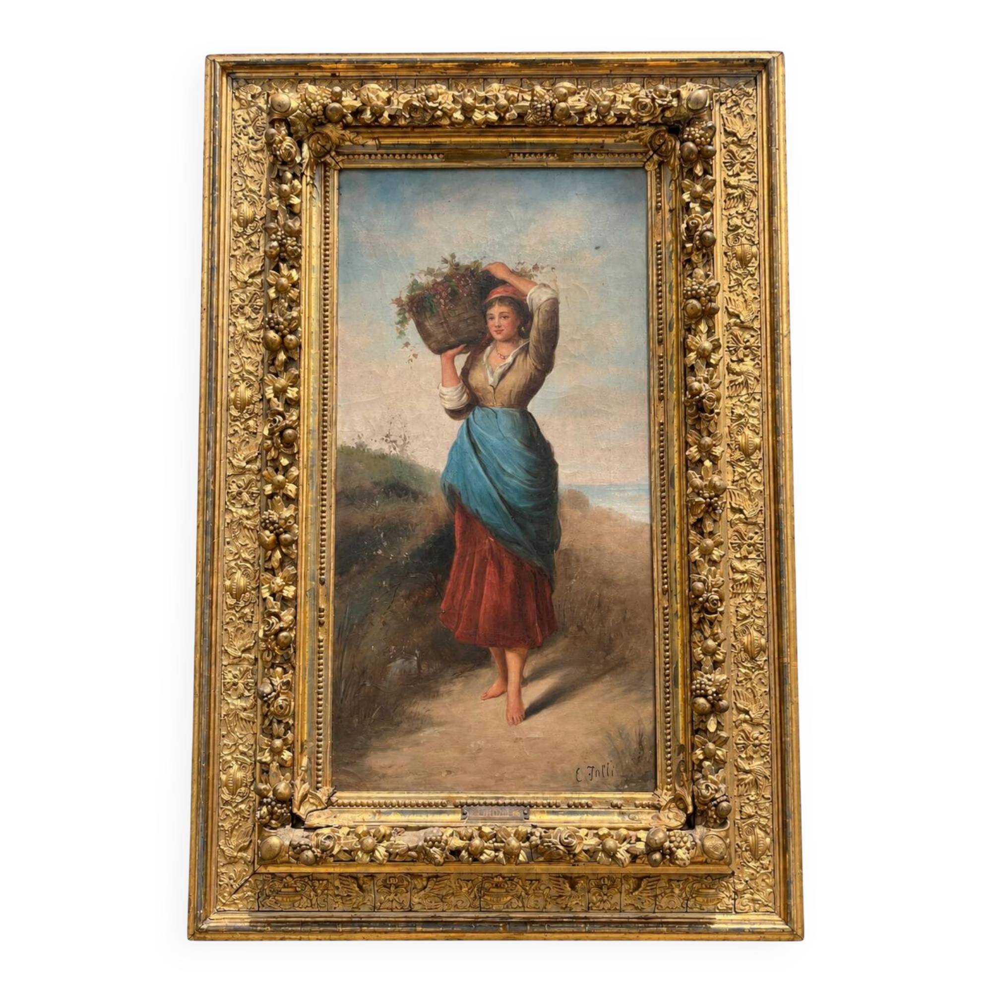 Ernesto Jolli – Oil on canvas 19th century – Young woman with a basket of flowers