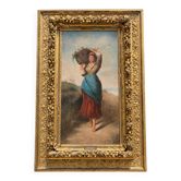 Ernesto Jolli – Huile sur toile XIXe – Jeune femme à la corbeille de fleurs