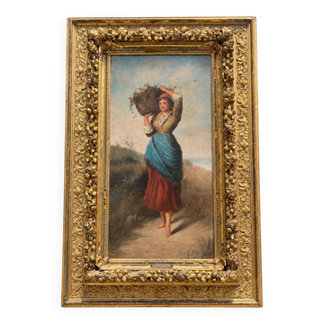 Ernesto Jolli – Oil on canvas 19th century – Young woman with a basket of flowers