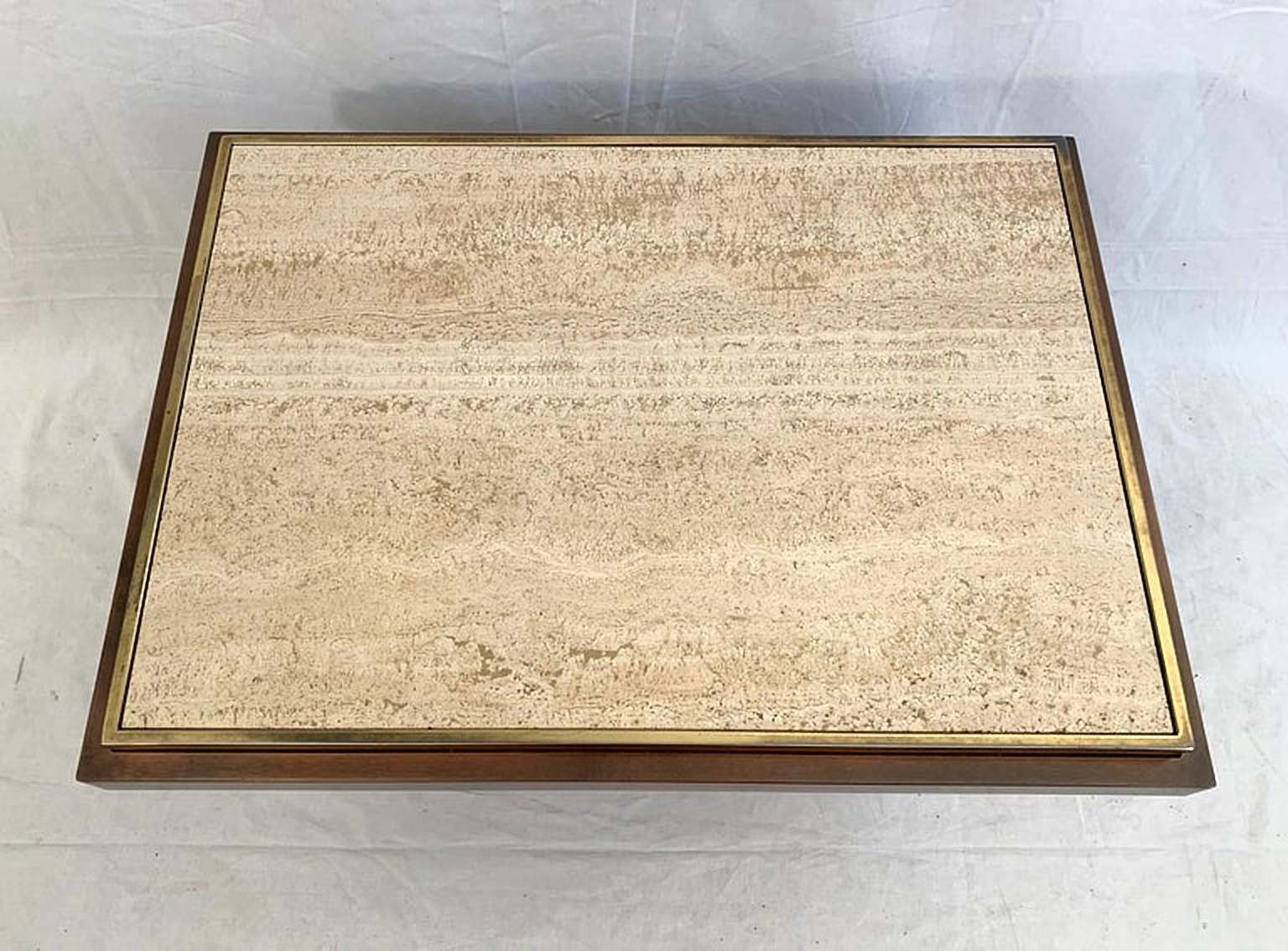 Belgo Chrome coffee table in travertine, copper and brass