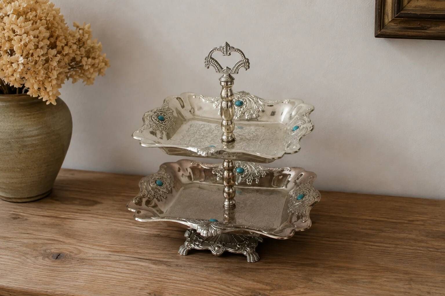 Vintage two-tiered server in oriental style – Silver-plated metal and turquoise cabochons.