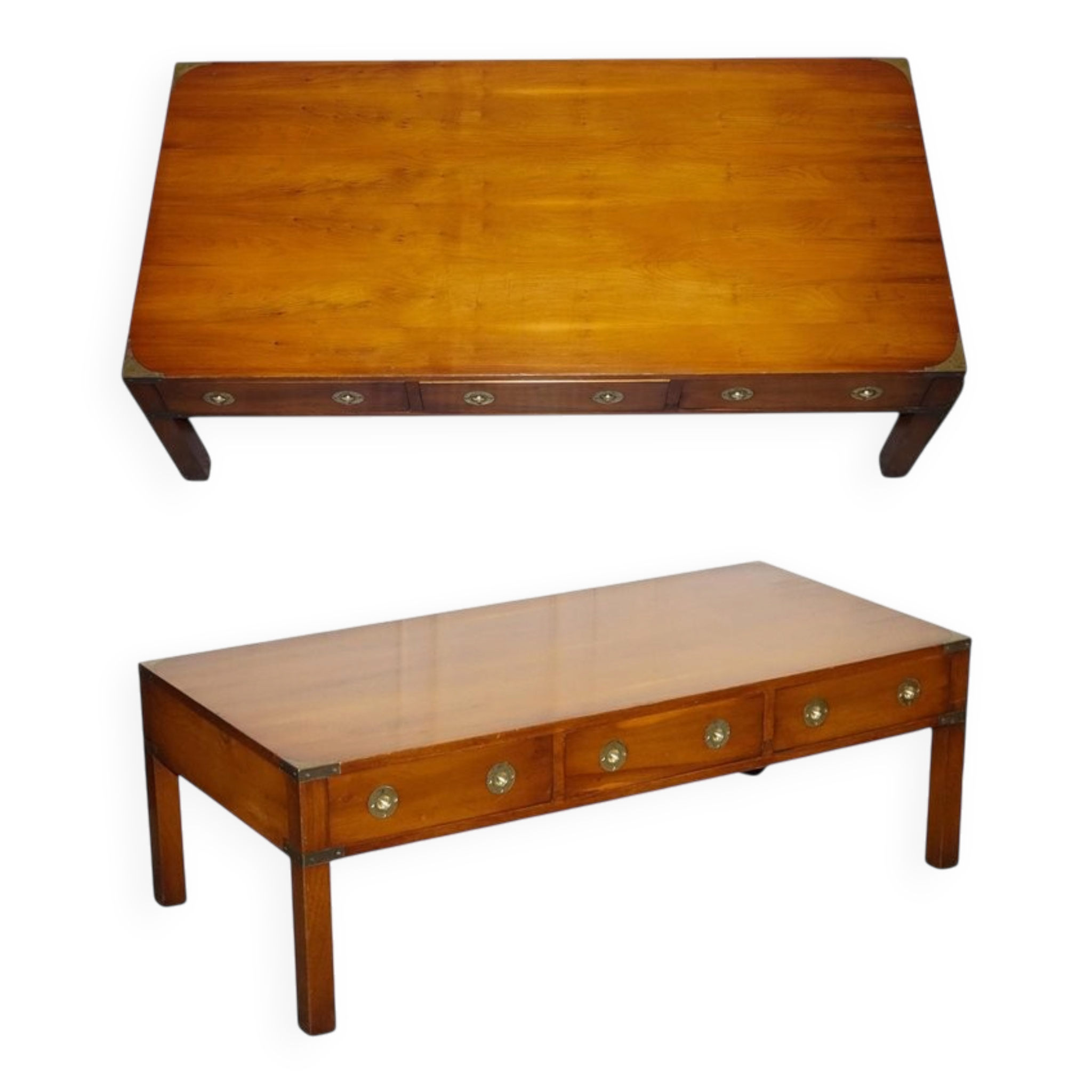 Vintage Military Campaign Coffee Table in Yew Wood and Brass