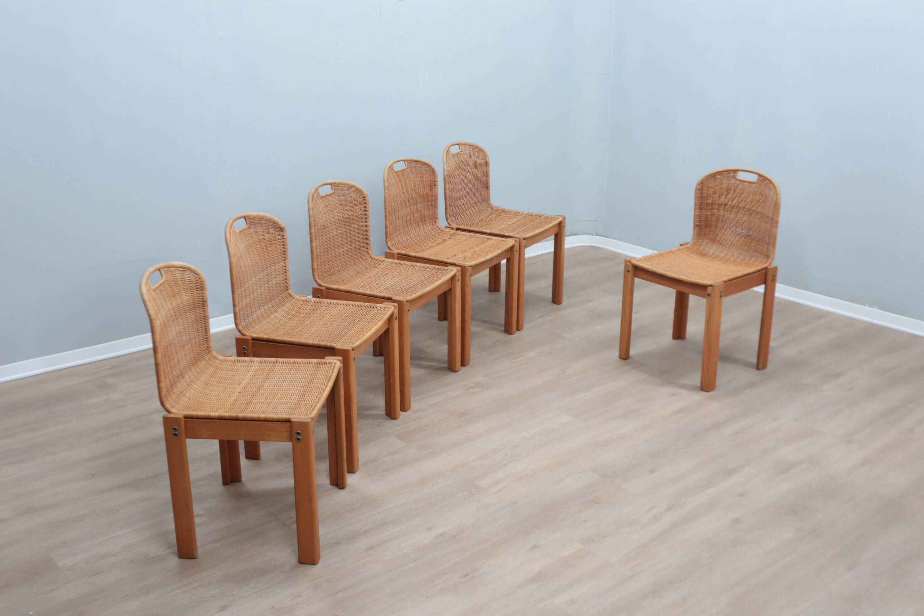 Chaises courbées en osier et bois années 1970, lot de 6