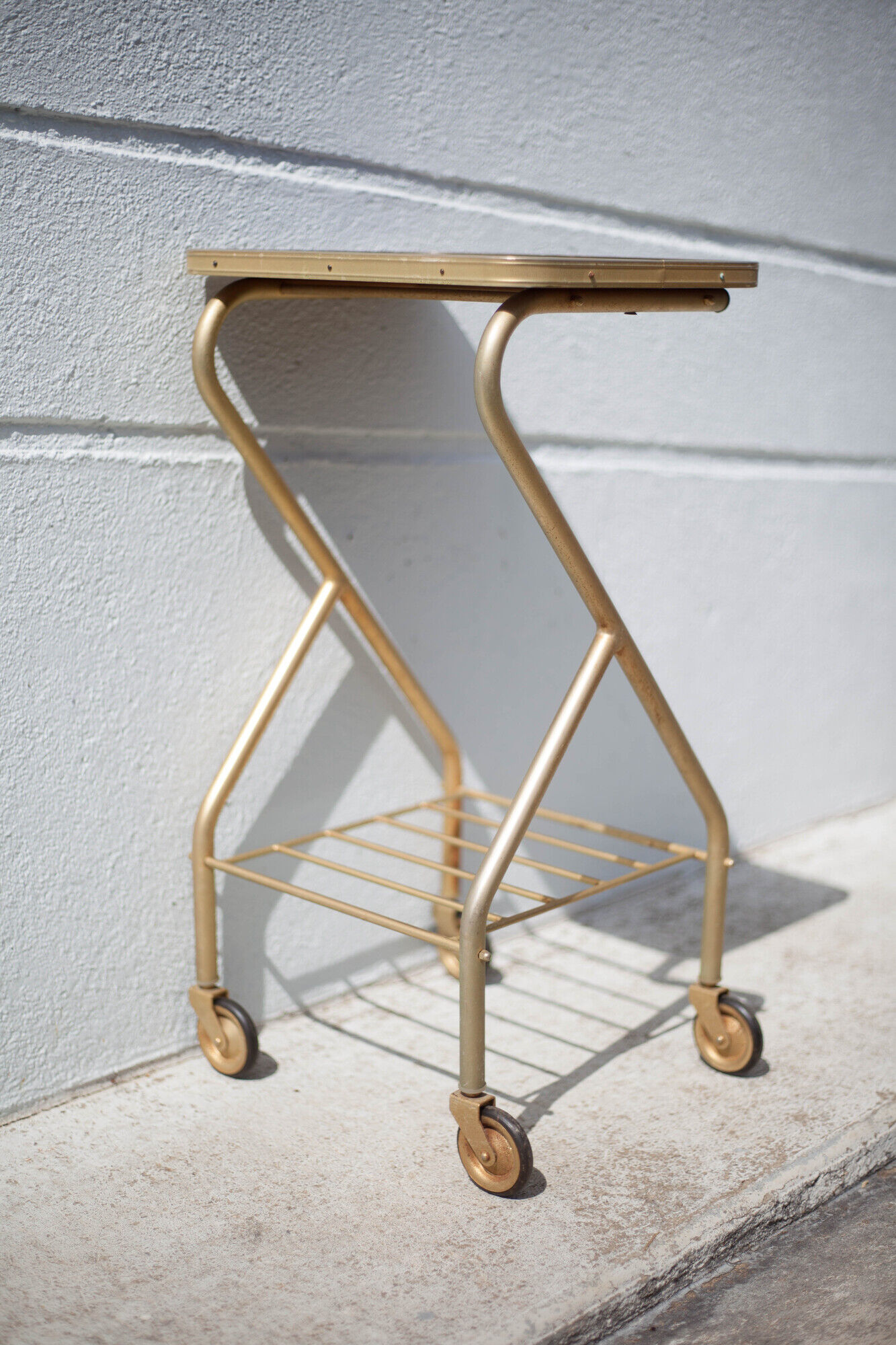 Metal wheeled tray with formica top, vintage wheeled cabinet, vintage side table