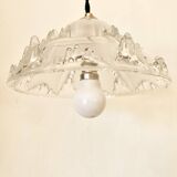 Glass pendant light, braided fabric cable and porcelain ceiling rose