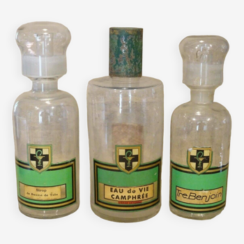 3 old large vials bottles glass laboratory pharmacy old chemistry