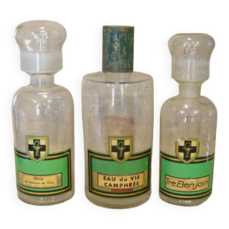 3 old large vials bottles glass laboratory pharmacy old chemistry